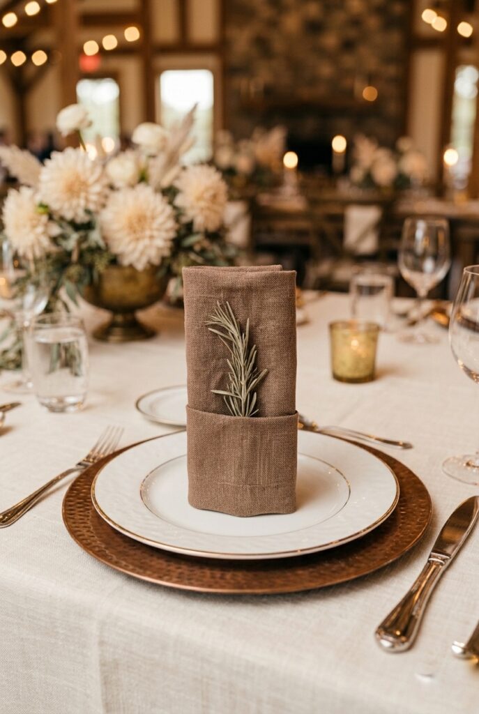 IMAGE 9 HERE Alt text: Mocha linen napkin in a column fold with dried rosemary sprig on a white dinner plate at a brown wedding place setting Image prompt: Photorealistic portrait shot of a brown wedding table place setting detail. A mocha-brown washed linen napkin is folded in a neat rectangular column fold, standing upright slightly angled on a white porcelain dinner plate. A single dried rosemary sprig approximately 3 inches long is tucked horizontally into the fold near the top. The plate sits on a copper charger. A silver fork and knife are placed on either side. Soft natural window light. No text overlays. Generate in vertical portrait orientation, 2:3 aspect ratio, optimized for mobile display.