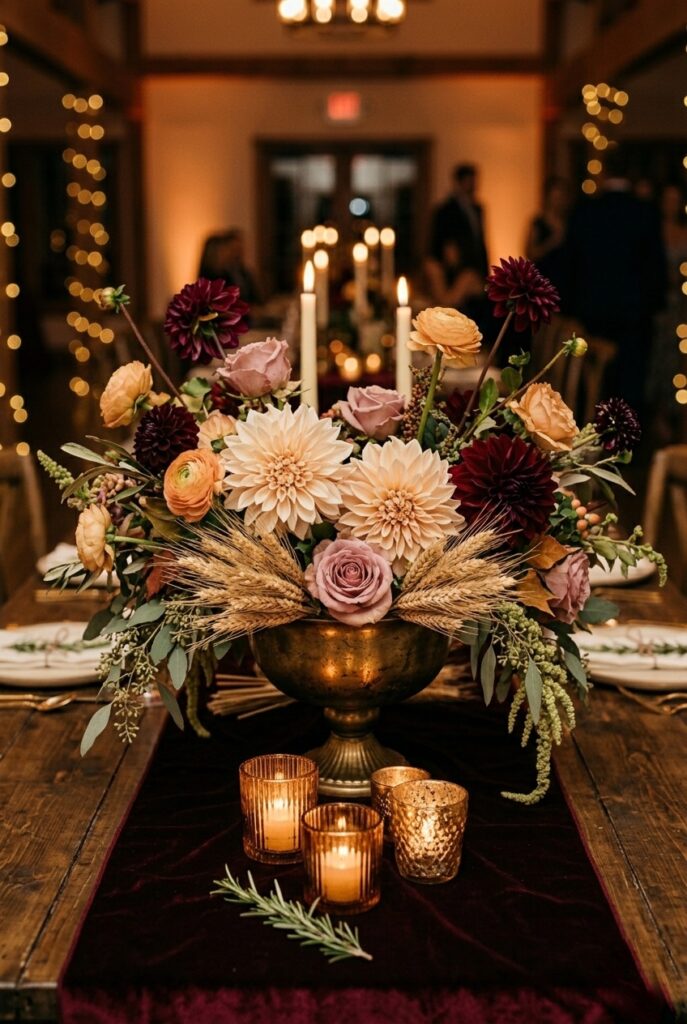 IMAGE 1 HERE Alt text: Fall wedding table centerpiece with café au lait dahlias, dried wheat bundles, and amber votives in a brass urn Image prompt: Photorealistic portrait shot of a fall wedding table centerpiece. A low wide brass urn holds a lush arrangement of café au lait dahlias, deep burgundy dahlias, dried wheat bundle stalks, and trailing seeded eucalyptus. Three small amber glass votive candle holders with lit tea lights are clustered at the base of the urn on a dark burgundy linen runner. The background is a softly blurred reception hall. Warm romantic candlelit atmosphere with golden amber tones. No text overlays. Generate in vertical portrait orientation, 2:3 aspect ratio, optimized for mobile display.