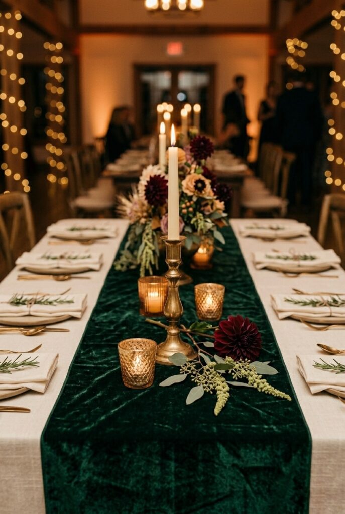 IMAGE 2 HERE Alt text: Deep forest green velvet table runner on an ivory linen tablecloth at a fall wedding reception with brass candle holders Image prompt: Photorealistic portrait shot of a fall wedding table styled with a deep forest green crushed velvet runner laid over an ivory linen tablecloth. A brass taper candlestick with a lit ivory candle stands at the center of the runner, flanked by two small gold glass votives. A loose stem of burgundy dahlia and two sprigs of seeded eucalyptus rest beside the candlestick. Folded ivory napkins are visible at the place settings. Warm romantic candlelit atmosphere with soft amber evening light. No text overlays. Generate in vertical portrait orientation, 2:3 aspect ratio, optimized for mobile display.
