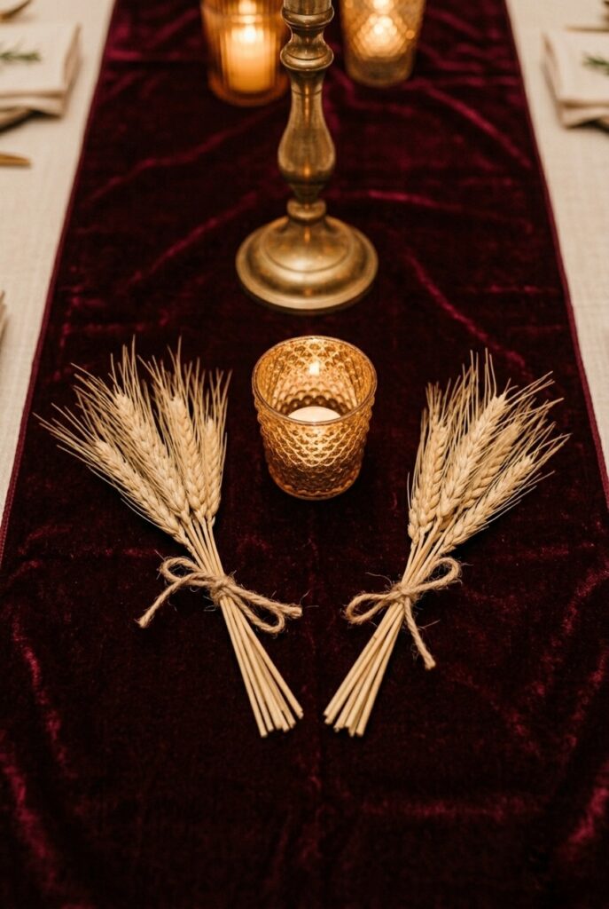 IMAGE 3 HERE Alt text: Dried wheat stalks tied with jute twine as fall wedding table decor accent on a burgundy velvet runner Image prompt: Photorealistic portrait shot of a fall wedding table detail. Two small bundles of dried golden wheat stalks, each tied with a short length of natural jute twine, rest flat on a deep burgundy velvet runner. A small lit amber glass votive sits between them. The edge of a brass urn centerpiece is visible at the top of the frame. Warm romantic candlelit atmosphere with deep golden tones. No text overlays. Generate in vertical portrait orientation, 2:3 aspect ratio, optimized for mobile display.