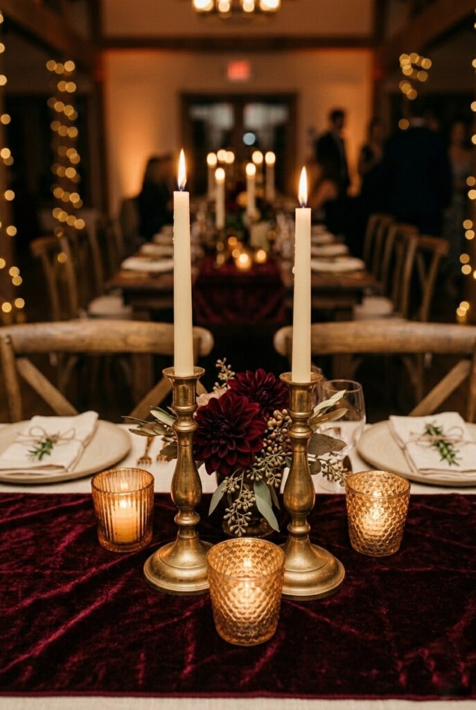 IMAGE 4 HERE Alt text: Pair of brass taper candlesticks with lit ivory candles on a fall wedding reception table with dahlia centerpiece Image prompt: Photorealistic portrait shot of a fall wedding table featuring two antique brass taper candlestick holders of slightly different heights, each holding a lit ivory taper candle. Between them sits a small low arrangement of burgundy dahlias and dried eucalyptus. The table surface has a dark velvet runner. Three small gold glass votives are arranged asymmetrically near the base of the candlesticks. Warm romantic candlelit atmosphere with deep amber tones. No text overlays. Generate in vertical portrait orientation, 2:3 aspect ratio, optimized for mobile display.