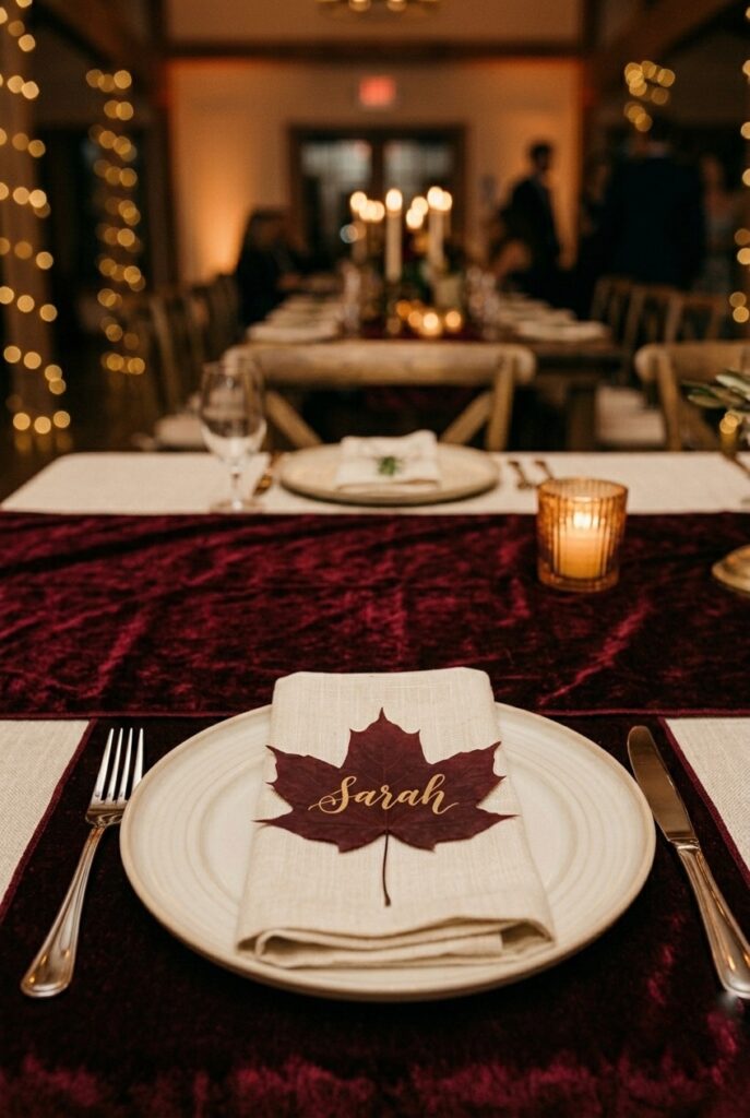 IMAGE 5 HERE Alt text: Pressed burgundy maple leaf with gold handwritten guest name on ivory linen napkin at fall wedding place setting Image prompt: Photorealistic portrait shot of a fall wedding place setting. A pressed flat deep burgundy maple leaf with a gold handwritten guest name sits on top of a folded ivory linen napkin. A silver dinner fork and knife are positioned on either side of a white dinner plate. A small amber glass votive with a lit tea light is visible at the top edge of the frame. Soft natural window light illuminating the setting from the left. No text overlays. Generate in vertical portrait orientation, 2:3 aspect ratio, optimized for mobile display.