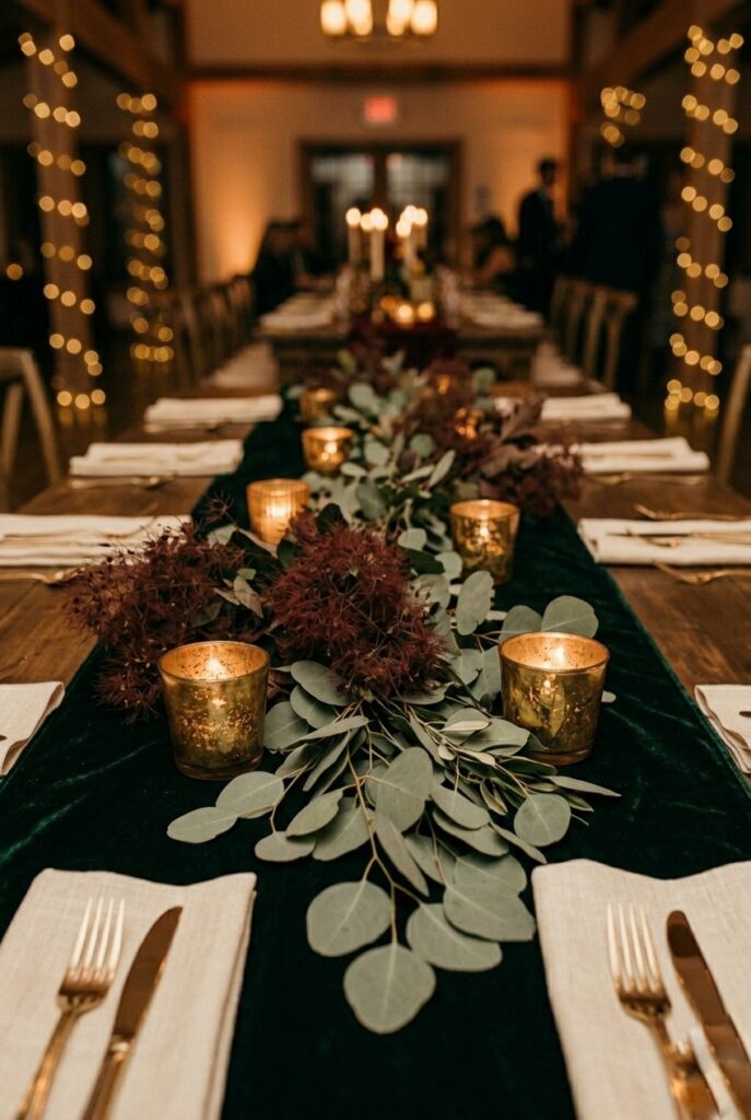IMAGE 6 HERE Alt text: Fall wedding long table with smoke bush and eucalyptus garland runner and brass votives on dark velvet runner Image prompt: Photorealistic portrait shot of a long wedding reception table with a loose garland of deep burgundy smoke bush branches with feathery seed plumes, interwoven with silver dollar eucalyptus stems. The garland runs down the center of the table on top of a dark forest green velvet runner. Four brass votives with lit candles are nestled within the garland at intervals. Ivory napkins at place settings are visible at the lower frame edge. Warm romantic candlelit atmosphere with golden and amber tones. No text overlays. Generate in vertical portrait orientation, 2:3 aspect ratio, optimized for mobile display.
