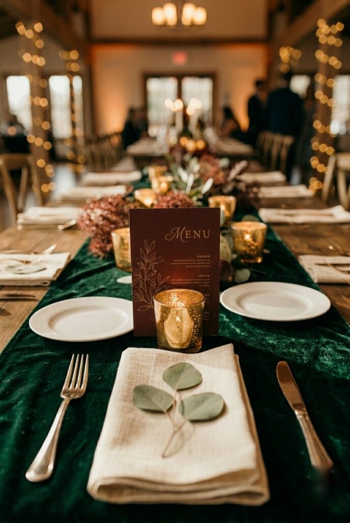 IMAGE 7 HERE Alt text: White ghost pumpkins and pale green mini gourds nestled among brass votives as fall wedding table accent Image prompt: Photorealistic portrait shot of a fall wedding table detail. Three small decorative items — one white ghost mini pumpkin, one pale sage green ornamental gourd, and one small deep burgundy gourd — are arranged in a loose cluster at the base of two lit brass votive candle holders. A sprig of dried eucalyptus is tucked beneath the gourds. The table surface shows a dark green velvet runner. Warm romantic candlelit atmosphere. No text overlays. Generate in vertical portrait orientation, 2:3 aspect ratio, optimized for mobile display.