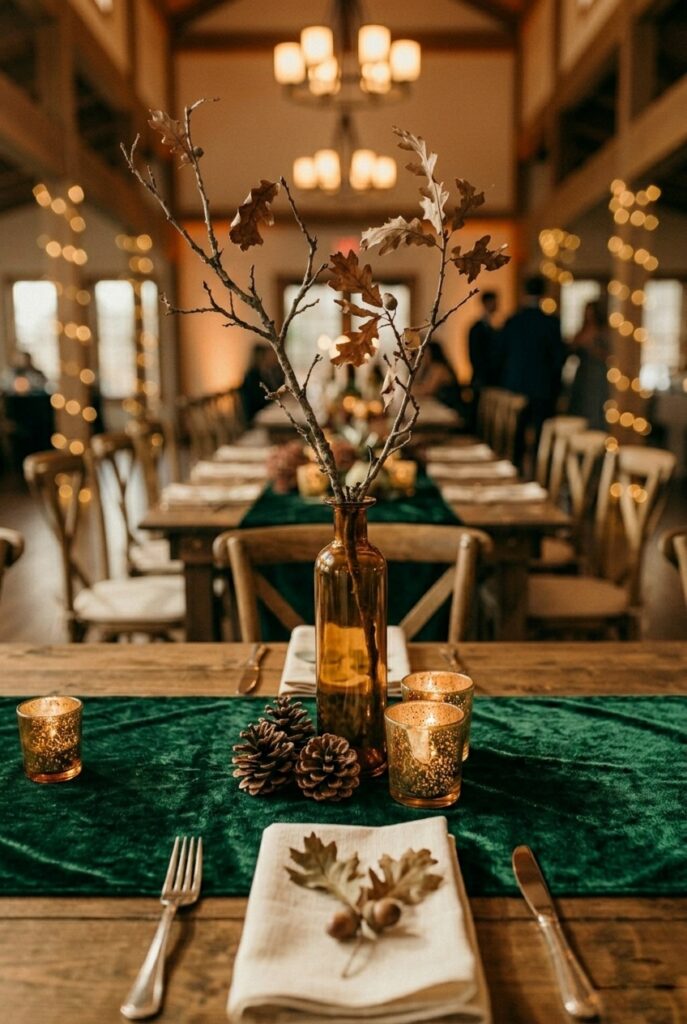 IMAGE 9 HERE Alt text: Single bare oak branch in tall amber glass vase with pinecone cluster and votives as fall wedding table centerpiece Image prompt: Photorealistic portrait shot of a fall wedding table centerpiece. A tall amber glass vase holds a single bare gnarled oak branch approximately 20 inches tall with a few dried brown leaves still attached. At the base of the vase, three small natural pinecones are arranged in a loose cluster alongside two lit gold glass votive candle holders. The table surface is a dark velvet runner. Warm romantic candlelit atmosphere with deep amber tones and soft background bokeh suggesting a reception hall. No text overlays. Generate in vertical portrait orientation, 2:3 aspect ratio, optimized for mobile display.