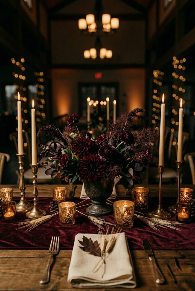 IMAGE 10 HERE Alt text: Dramatic moody fall wedding table with deep burgundy florals, multiple brass taper candles, and dark velvet runner in low evening light Image prompt: Photorealistic portrait shot of a moody fall wedding reception table in low evening light. A lush low centerpiece of deep burgundy dahlias, dark plum ranunculus, and smoke bush stems sits in a dark ceramic urn. Flanking the arrangement are two tall brass taper candlesticks with lit ivory candles and four small amber glass votives at varying heights, all lit. Scattered dried wheat stalks rest on the dark burgundy velvet runner. The background reception hall is intentionally dark with only candlelight and distant warm tones visible. Warm romantic candlelit atmosphere with deep, dramatic amber and shadow tones. No text overlays. Generate in vertical portrait orientation, 2:3 aspect ratio, optimized for mobile display.
