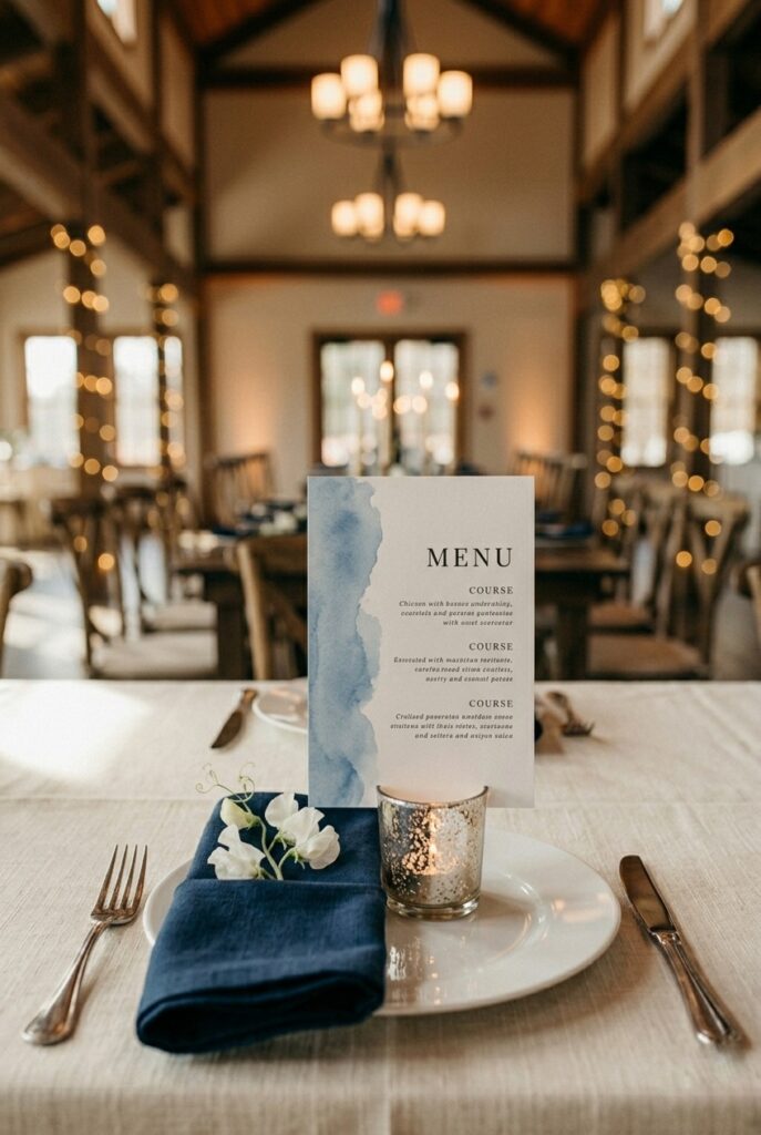 IMAGE 10 HERE Alt text: Watercolor blue wash wedding menu card propped against a silver votive at a blue wedding place setting on an ivory tablecloth Image prompt: Photorealistic portrait shot of a blue wedding table place setting detail. A 5x7 matte cardstock dinner menu with a soft watercolor blue wash along the left margin stands upright against a small silver votive candle holder with a lit candle. The menu card shows elegant black serif typography. A folded navy linen napkin with a small sprig of white sweet pea tucked into the fold sits beside the card. A silver fork and knife flank a white dinner plate on an ivory linen tablecloth. Soft natural window light from the left. No text overlays. Generate in vertical portrait orientation, 2:3 aspect ratio, optimized for mobile display.