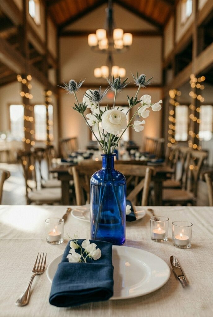 IMAGE 9 HERE Alt text: Eryngium sea holly stems mixed with white sweet peas in a cobalt blue glass bottle on a blue wedding table Image prompt: Photorealistic portrait shot of a blue wedding table centerpiece detail. A tall vintage cobalt blue glass apothecary bottle holds a small loose arrangement of five eryngium sea holly stems — their spiky silver-blue heads visible above the bottle rim — mixed with three stems of white sweet peas and one white ranunculus. The bottle sits on a white linen runner with a navy blue napkin folded beside it. Two small clear glass tea light votives are visible nearby. Soft natural window light from the upper left creating a faint cobalt glow through the bottle. No text overlays. Generate in vertical portrait orientation, 2:3 aspect ratio, optimized for mobile display.