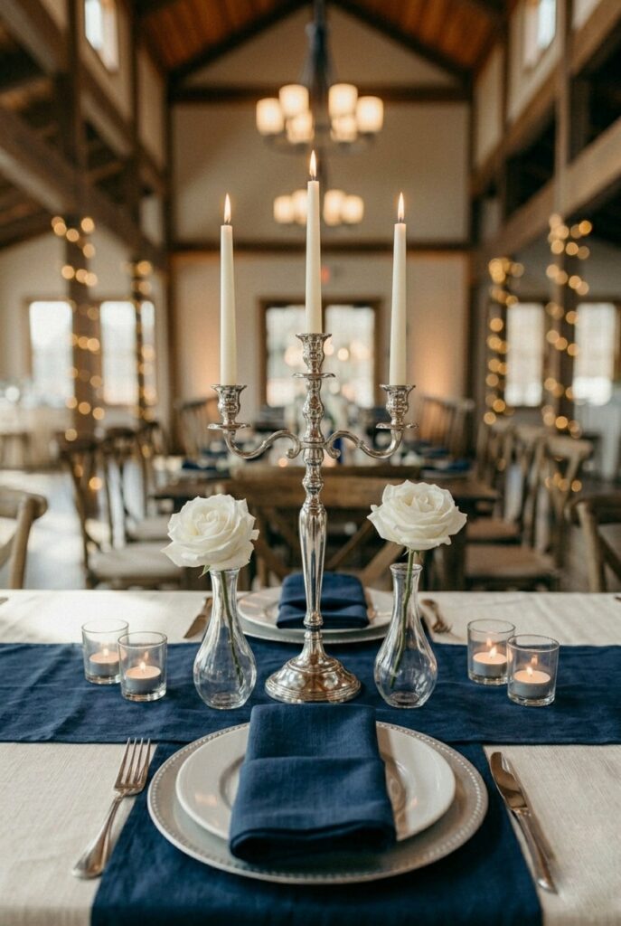IMAGE 8 HERE Alt text: Fully committed navy blue wedding table with white garden roses, silver candelabra, ivory linen, and no competing accent colors Image prompt: Photorealistic portrait shot of a fully committed navy blue wedding reception table. A navy washed-linen runner covers the center of an ivory tablecloth. A tall silver candelabra at center holds three lit ivory taper candles at staggered heights. Flanking it, two clear glass bud vases each hold a single white garden rose. Three small clear votives with lit tea lights are arranged asymmetrically at the runner's edges. Navy blue column-fold napkins are set at two visible place settings on white plates with silver chargers. Ivory white tablecloth edges drop at both sides. Soft cool ambient light with a slight daylight quality. No text overlays. Generate in vertical portrait orientation, 2:3 aspect ratio, optimized for mobile display.