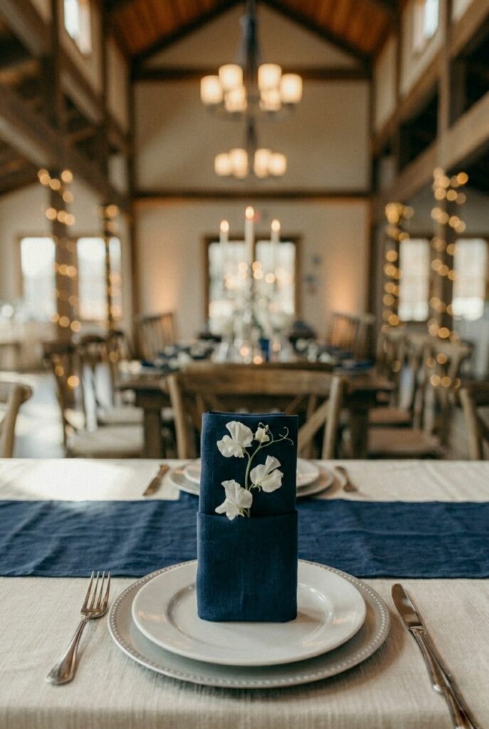 IMAGE 7 HERE Alt text: Navy linen napkin in a column fold standing on a white dinner plate at a blue wedding place setting with silver fork and clear votive Image prompt: Photorealistic portrait shot of a blue wedding table place setting. A navy washed-linen napkin is folded in a neat rectangular column fold, standing slightly angled on a white porcelain dinner plate. A silver fork and knife are positioned on either side. A small sprig of white sweet pea is tucked into the top fold of the napkin. A small clear glass votive with a lit tea light is visible at the upper frame edge. The tablecloth beneath is ivory white. Soft natural window light from the left. No text overlays. Generate in vertical portrait orientation, 2:3 aspect ratio, optimized for mobile display.