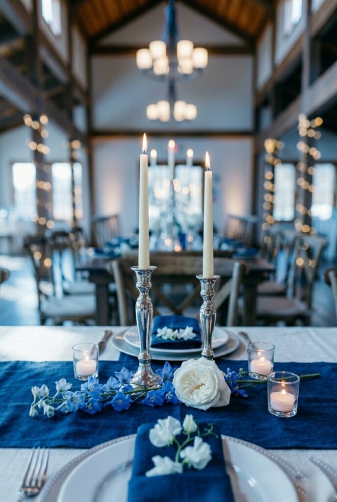 IMAGE 6 HERE Alt text: Pair of silver taper candlesticks with lit ivory candles and blue delphinium stems on a navy runner at a wedding reception table Image prompt: Photorealistic portrait shot of a blue wedding table metal and candle detail. Two silver taper candlestick holders of slightly different heights, each holding a lit slim ivory taper candle, are placed on a deep navy washed-linen runner. Between them, two loose stems of blue delphiniums and one white garden rose are laid flat on the runner. Three small clear glass votives with lit tea lights are arranged asymmetrically nearby. The silver finish of the candlesticks reflects a cool bluish light in the ambient venue atmosphere. Soft cool venue lighting with a slight blue-white quality. No text overlays. Generate in vertical portrait orientation, 2:3 aspect ratio, optimized for mobile display.