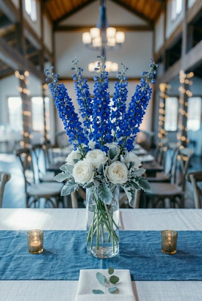 IMAGE 4 HERE Alt text: Blue delphinium spikes in a clear glass vase with white garden roses as a tall wedding table centerpiece on a navy runner Image prompt: Photorealistic portrait shot of a blue wedding table centerpiece. A tall clear glass cylinder vase holds an arrangement of five deep blue delphinium spikes reaching approximately 20 inches, surrounded by white garden roses and two stems of silver dusty miller at the base of the arrangement. The vase sits centered on a navy washed-linen runner. Two small clear glass votive candle holders with lit tea lights flank the vase. The background is a softly blurred reception hall. Soft natural window light with a cool daylight quality emphasizing the blue of the delphiniums. No text overlays. Generate in vertical portrait orientation, 2:3 aspect ratio, optimized for mobile display.