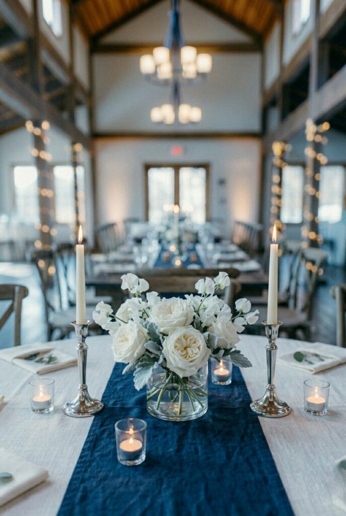 IMAGE 3 HERE Alt text: Navy linen runner over ivory tablecloth with white garden roses, silver taper candles, and clear glass votives at a blue wedding table Image prompt: Photorealistic portrait shot of a blue wedding table textile and centerpiece combination. A deep navy washed-linen runner is laid over an ivory tablecloth on a round reception table. At the center, a low wide clear glass vase holds a loose cluster of white garden roses, white sweet peas, and a few sprigs of silver-green dusty miller. On either side stand two silver taper candlestick holders with lit ivory taper candles. Three small clear glass votive holders with lit tea lights are arranged asymmetrically around the centerpiece. Ivory linen napkins at the place settings are visible at the frame edges. Soft natural window light with a cool airy quality. No text overlays. Generate in vertical portrait orientation, 2:3 aspect ratio, optimized for mobile display.