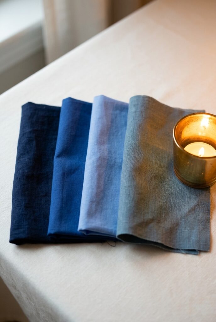 IMAGE 1 HERE Alt text: Blue linen fabric swatches from navy to dusty blue to cobalt to cornflower held near warm venue candlelight to show color temperature shift Image prompt: Photorealistic portrait shot of four blue fabric swatches arranged in a loose row on an ivory tablecloth surface. From left to right: deep navy washed linen, mid-tone cobalt cotton, soft cornflower blue cotton, and muted dusty blue linen with a slight grey tone. A lit brass votive candle holder sits to the right of the swatches, casting warm amber light across all four fabrics, visibly warming the dusty blue toward grey while the navy remains deep and true. Soft warm candlelit atmosphere from the right side. Natural daylight from the left to show the contrast in lighting conditions. No text overlays. Generate in vertical portrait orientation, 2:3 aspect ratio, optimized for mobile display.