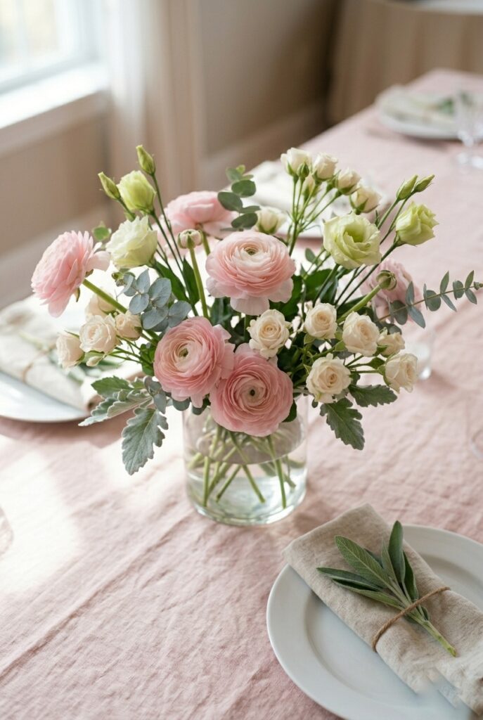 IMAGE 1 HERE Alt text: Close-up detail of a low meadow spring centerpiece arrangement with blush ranunculus, white spray roses, green lisianthus, and eucalyptus greenery in a clear glass vase, arranged casually with stems at varied heights. Image prompt: A detailed overhead close-up of a spring meadow-style floral centerpiece in a clear glass cylinder vase. The arrangement features blush pink ranunculus, white spray roses with multiple blooms per stem, pale green lisianthus, and soft silver-dollar eucalyptus greenery. Stems are arranged loosely and asymmetrically at varying heights (no taller than 6 inches), creating an organic, gathered-from-garden appearance. The vase sits on a soft blush linen with a white napkin folded beside it. Soft natural window light illuminates the blooms from the side, casting subtle shadows on the linens. The mood is romantic but effortless. Generate in vertical portrait orientation, 2:3 aspect ratio, optimized for mobile display.