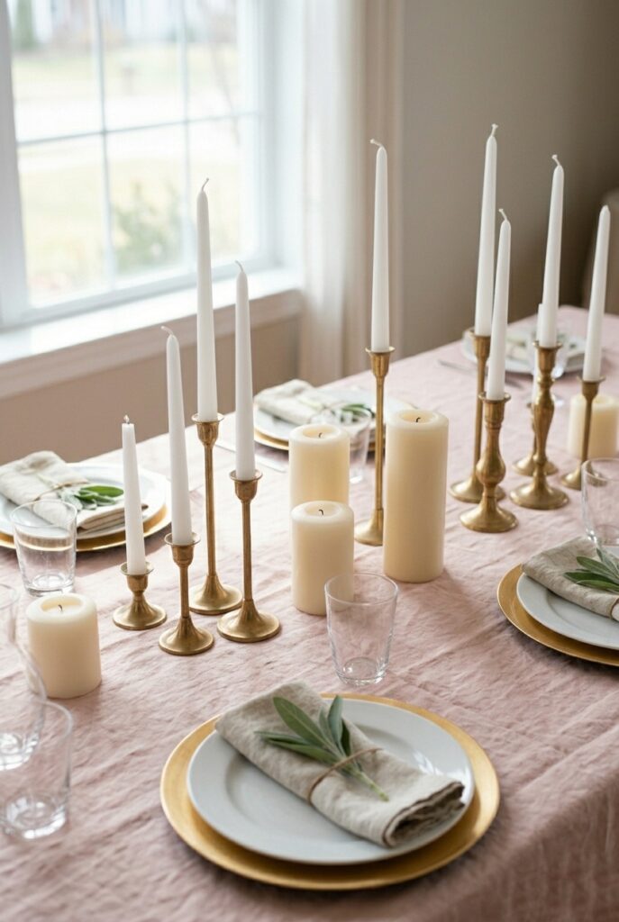 IMAGE 2 HERE Alt text: Spring table with white linens featuring clusters of white and cream taper candles in brass candlestick holders and cream pillar candles at varied heights, gold charger plates, and no floral centerpiece. Image prompt: A spring wedding table photograph showing a table dressed in white linen with gold-rimmed charger plates and clear glassware. The centerpiece consists entirely of candle groupings: brass candlestick holders with 18-inch white taper candles mixed with squat cream pillar candles in 4-inch and 6-inch heights, arranged in clusters of 3 and 5 down the table runner area. Soft natural afternoon light streams across the table, making the candles appear pale and sculptural. The mood is elegant and intentional. Generate in vertical portrait orientation, 2:3 aspect ratio, optimized for mobile display.
