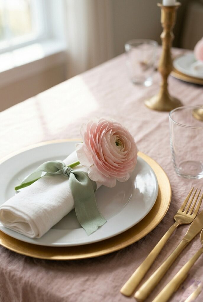 IMAGE 3 HERE Alt text: Spring place setting with a single pale pink ranunculus tied with sage green ribbon resting against a white napkin beside a clear glass and white charger plate. Image prompt: Close-up detail of an individual spring place setting showing a single large pale pink ranunculus bloom tied at the stem with a soft sage green silk ribbon, resting casually against a rolled white linen napkin on a white charger plate. A clear water glass and gold utensils are positioned to the right. Soft morning window light illuminates the bloom from the side. The aesthetic is elegant, minimal, and intentional. Generate in vertical portrait orientation, 2:3 aspect ratio, optimized for mobile display.