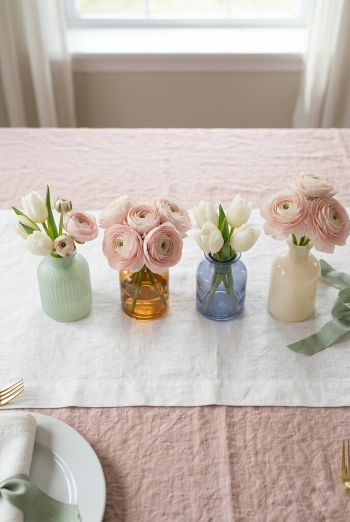 IMAGE 4 HERE Alt text: Spring table with four small glass vessels in pale green, soft amber, dusty blue, and cream tones, each holding white tulips or ranunculus, arranged in a line down a white linen table. Image prompt: A styled overhead shot of a spring wedding table section featuring four small glass vases in soft muted colors: pale celadon green, warm amber, dusty periwinkle blue, and creamy ivory, each about 4 inches tall. Each vessel holds 3–5 simple white tulips or pale pink ranunculus stems. They're arranged in a line down the center of a white linen runner with soft shadows cast by afternoon spring light. The mood is modern and intentional. Generate in vertical portrait orientation, 2:3 aspect ratio, optimized for mobile display.