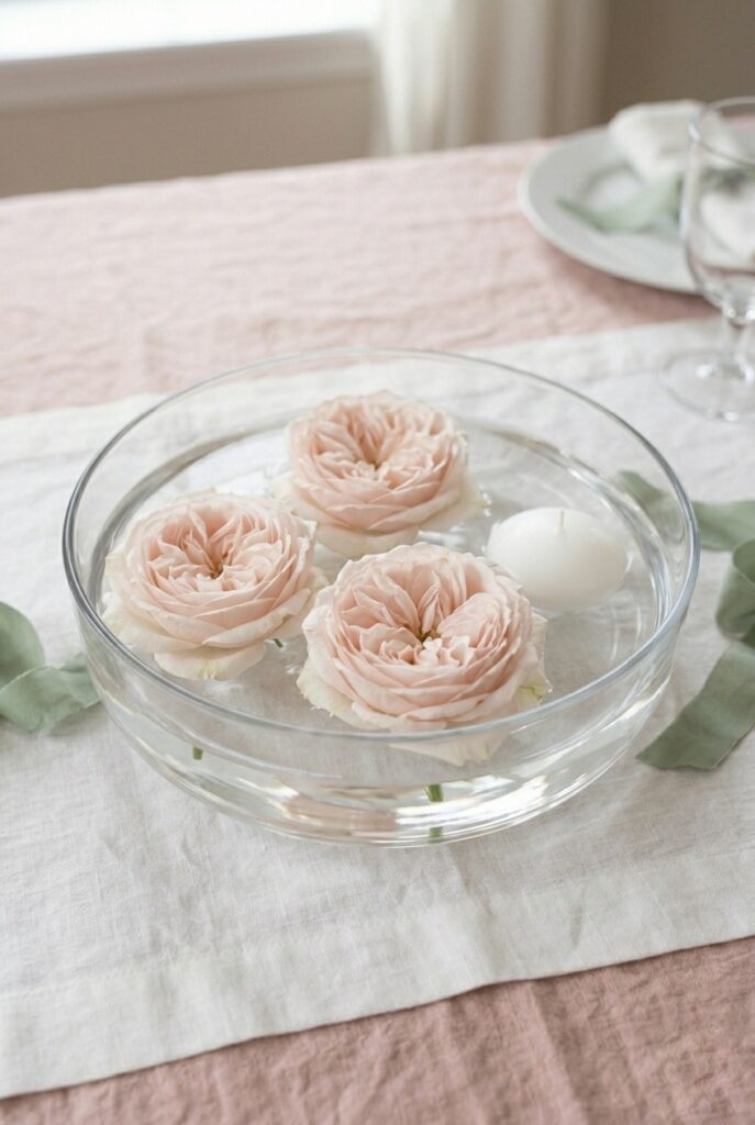 IMAGE 5 HERE Alt text: Shallow clear glass bowl filled with water, featuring three floating pale pink garden roses and one unlit floating candle on a white tablecloth. Image prompt: A close-up detail of a spring floating flower centerpiece: a shallow wide clear glass bowl (approximately 8 inches in diameter) filled with water, featuring three floating pale pink or blush garden roses in full bloom, and one unlit white floating candle. The bowl sits on a white linen tablecloth with soft natural light illuminating the blooms and casting subtle reflections on the water surface. The mood is romantic and serene. Generate in vertical portrait orientation, 2:3 aspect ratio, optimized for mobile display.