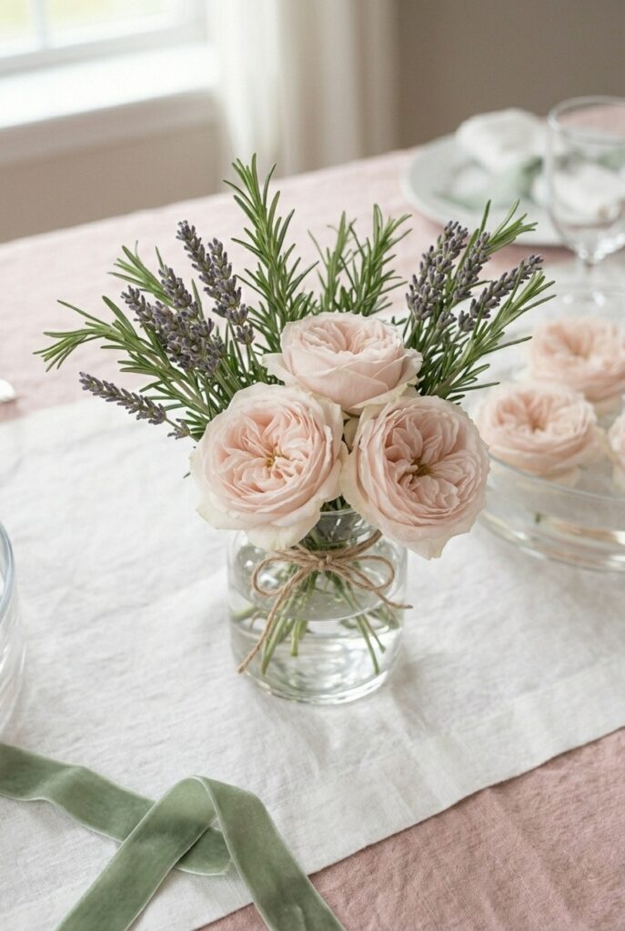 IMAGE 6 HERE Alt text: Spring centerpiece combining fresh rosemary and lavender sprigs tied with natural twine, mixed with three pale pink roses in a clear glass vase on a white table. Image prompt: A styled flat-lay detail of a spring herb-and-bloom centerpiece: a small clear glass vase containing a loose arrangement of fresh green rosemary sprigs and purple-gray lavender stems tied loosely with natural twine, mixed with three full-bloom pale pink or cream garden roses. The vase sits on white linen. Soft diffused natural light illuminates the herbs and blooms. The overall aesthetic is fresh, fragrant, and garden-inspired. Generate in vertical portrait orientation, 2:3 aspect ratio, optimized for mobile display.
