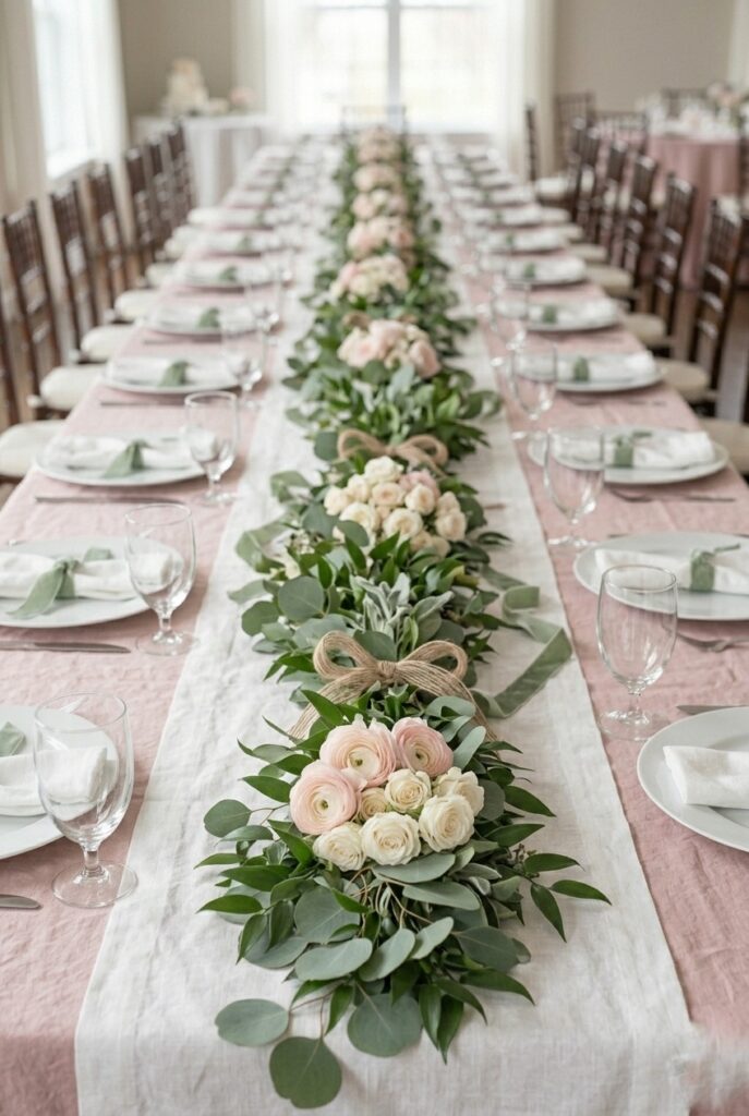 IMAGE 7 HERE Alt text: Long wedding table with a continuous pale green and eucalyptus runner down the center, with small clusters of blush ranunculus and white spray roses tucked in at intervals, white charger plates on either side. Image prompt: A styled overhead shot of a long spring wedding table featuring a continuous greenery runner (eucalyptus, ruscus, and soft sage foliage) running down the white linen-covered table. Spaced at 2-foot intervals down the runner are small tight clusters of blush ranunculus and white spray roses tied with soft ribbon. White charger plates, water glasses, and napkins are visible on either side. Soft afternoon light casts gentle shadows. The mood is elegant and intentional. Generate in vertical portrait orientation, 2:3 aspect ratio, optimized for mobile display.