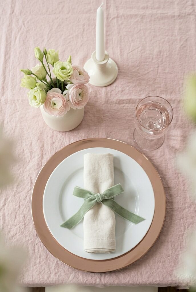 IMAGE 8 HERE Alt text: Spring monochrome table setting in pale blush and cream tones: blush tablecloth, cream napkin, pale pink ranunculus and lisianthus in a cream ceramic vase, rose gold charger plate, cream candlestick with white taper candle. Image prompt: A overhead flat-lay of a spring monochrome table setting showcasing a blush pink tablecloth, a rolled cream linen napkin with a fresh sage ribbon, a cream ceramic vase holding pale pink ranunculus and pale green lisianthus, a rose gold charger plate beneath a white plate, a crystal water glass with a soft pink tint, and an ivory candlestick holder with a white taper candle. Soft natural light illuminates each texture differently, creating subtle depth and dimension. The overall mood is cohesive, elegant, and intentional. Generate in vertical portrait orientation, 2:3 aspect ratio, optimized for mobile display.