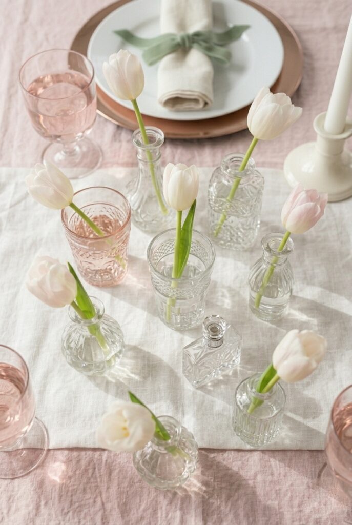 IMAGE 10 HERE Alt text: Spring table detail showing a collection of mismatched vintage clear glass vessels of varying heights and shapes, each holding a single white or pale pink tulip, arranged in a loose grouping on white linen. Image prompt: A styled overhead shot of a vintage-inspired spring centerpiece: a collection of 8–10 mismatched but coordinating vintage clear glass vessels (small vases, bud vases, vintage water glasses, small crystal glasses) of varying heights and shapes, each holding a single white or pale pink tulip stem. Arranged casually across white linen on a spring wedding table. Soft natural light illuminates each piece of glass differently. The overall aesthetic is curated, vintage-inspired, and intentional. Generate in vertical portrait orientation, 2:3 aspect ratio, optimized for mobile display.