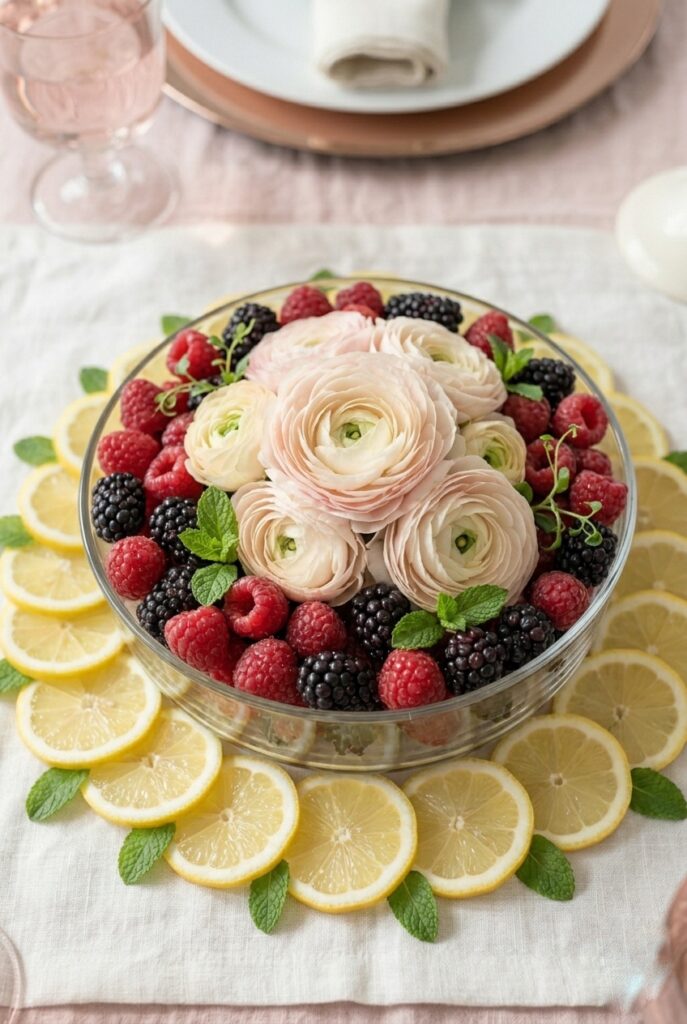 IMAGE 9 HERE Alt text: Spring centerpiece featuring small white and cream ranunculus mixed with fresh raspberries and blackberries in a low clear glass bowl, with lemon slices scattered around the base. Image prompt: A close-up detail of a spring edible-element centerpiece: a low clear glass bowl filled with pale pink and white ranunculus mixed with fresh raspberries, blackberries, and small sprigs of green, surrounded at the base by thin lemon slices and small fresh mint leaves on white linen. Soft natural morning light illuminates the berries and citrus, showing the natural colors and shine. The aesthetic is fresh, garden-inspired, and intentional. Generate in vertical portrait orientation, 2:3 aspect ratio, optimized for mobile display.