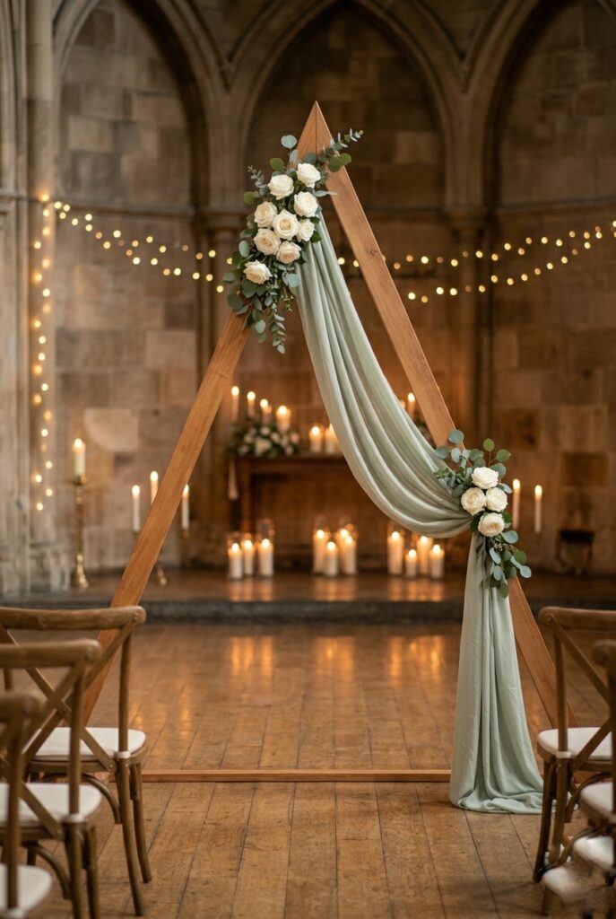 IMAGE 2 HERE Alt text: Modern geometric wooden triangle arch with soft sage-colored linen fabric and minimal white floral accents, set against neutral venue background. Image prompt: A geometric wooden triangle wedding arch (approximately 10 feet tall, 8 feet wide at the base) with clean lines and natural wood finish. Soft sage-colored linen fabric drapes lightly from the top point down one side, and the arch is accented with minimal floral details—a few white roses and trailing eucalyptus greenery positioned at the apex and one side. The arch is photographed from approximately 20 feet away to show how the geometric shape reads from guest perspective. Warm natural or warm venue lighting. Modern, minimalist aesthetic. Generate in vertical portrait orientation, 2:3 aspect ratio, optimized for mobile display.