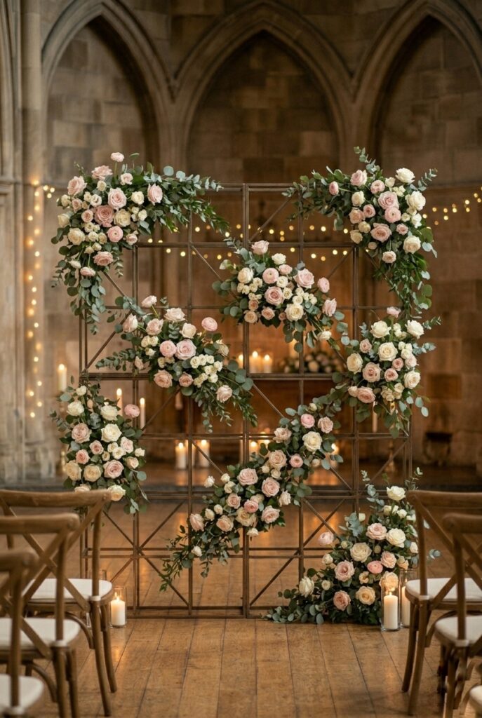 IMAGE 3 HERE Alt text: Monochrome blush floral wall with architectural metal frame, showing negative space between flower clusters and greenery layers. Image prompt: A professional photograph of a blush-toned floral wall backdrop (approximately 8 feet wide and 8 feet tall) built on an internal metal grid structure. The design features clusters of blush roses, pale pink ranunculus, and white spray roses with trailing greenery (eucalyptus, ruscus) intentionally spaced to show the metal frame and negative space between flower groupings. The wall appears dimensional and high-end rather than solid and flat. Photographed from approximately 18 feet away to show how the overall design reads from guest distance. Warm venue lighting. Generate in vertical portrait orientation, 2:3 aspect ratio, optimized for mobile display.