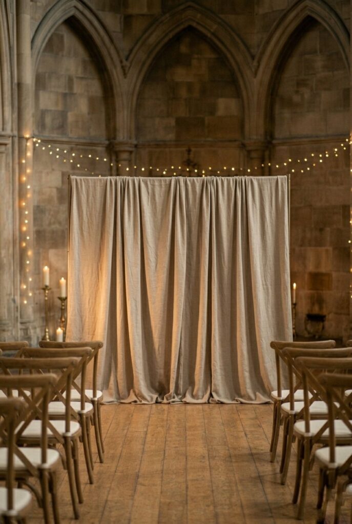 IMAGE 4 HERE Alt text: Neutral linen fabric backdrop in warm taupe tone, draped with subtle texture, minimal side lighting creating dimensional folds. Image prompt: A professional photograph of a simple, elegant fabric wedding backdrop made of heavyweight warm taupe linen (approximately 12 feet wide and 9 feet tall) hung on a sturdy frame stand. The fabric drapes naturally with intentional folds creating dimensional texture. Soft warm side lighting highlights the fabric's texture and creates subtle shadows in the folds. The backdrop is photographed from approximately 20 feet away (guest perspective) and appears spacious and intentional rather than bare. No florals or additional elements—pure fabric. Modern, minimalist aesthetic. Generate in vertical portrait orientation, 2:3 aspect ratio, optimized for mobile display.