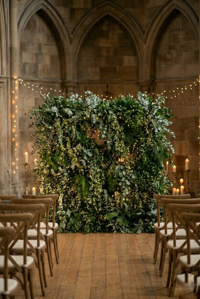 IMAGE 5 HERE Alt text: Lush eucalyptus and ivy greenery wall backdrop with soft warm string lights woven throughout, creating depth and organic texture. Image prompt: A professional photograph of a full greenery wedding backdrop (approximately 10 feet wide and 9 feet tall) composed of layered eucalyptus branches, ivy vines, fern fronds, and ruscus greenery attached to an internal frame structure. Warm white string lights are woven throughout the greenery at varying depths, creating a magical, dimensional effect. The wall has intentional gaps and varying heights of greenery, not a solid block. Photographed from approximately 18 feet away showing how the overall organic design reads from guest perspective. Warm evening lighting activating the string lights subtly. Generate in vertical portrait orientation, 2:3 aspect ratio, optimized for mobile display.