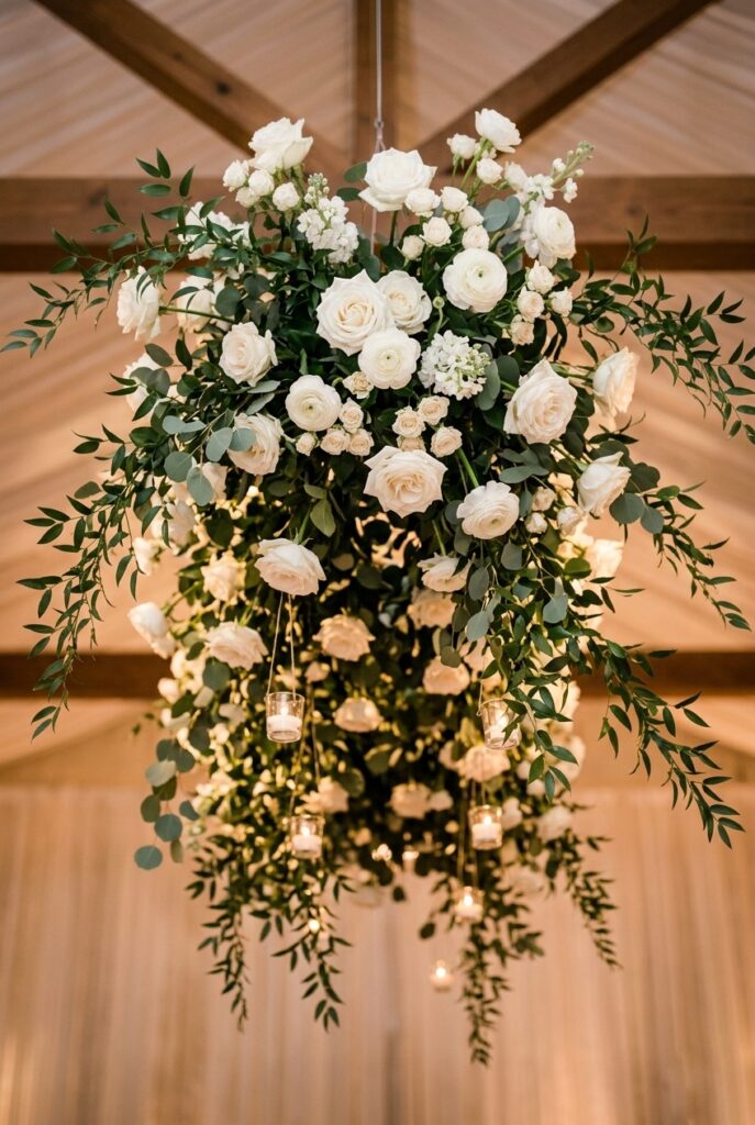 IMAGE 6 HERE Alt text: Suspended floral canopy overhead featuring hanging arrangements of white flowers and cascading eucalyptus, photographed from below looking upward. Image prompt: An overhead perspective photograph of a suspended wedding ceremony floral installation: a carefully arranged canopy of hanging floral elements suspended approximately 8 feet above the ground, featuring white garden roses, ranunculus, spray roses, and long trails of cascading eucalyptus greenery. The flowers are arranged asymmetrically to create visual interest and depth. Photographed from directly below looking upward, showing how the bride and groom would experience standing beneath the installation, with soft warm ceremony lighting creating a romantic glow on the flowers. Generate in vertical portrait orientation, 2:3 aspect ratio, optimized for mobile display.