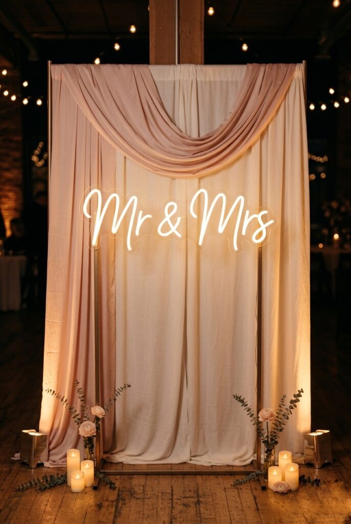 IMAGE 7 HERE Alt text: Custom neon sign reading "Mr & Mrs" glowing softly against a simple blush fabric backdrop with warm ambient lighting. Image prompt: A professional wedding photograph of a custom neon sign backdrop setup: a pink or warm white custom neon sign reading "Mr & Mrs" (approximately 3 feet tall) mounted on a sturdy stand, positioned in front of a soft blush or ivory fabric backdrop. The neon glows softly with warm ambient evening lighting illuminating the scene. The backdrop is simple and neutral so the neon sign reads as the focal point. Photographed from approximately 15 feet away showing how the sign and backdrop read together. Romantic evening lighting. Generate in vertical portrait orientation, 2:3 aspect ratio, optimized for mobile display.