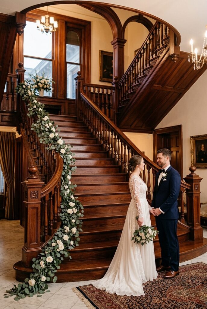 IMAGE 8 HERE Alt text: Grand wooden staircase as natural wedding backdrop, enhanced with trailing eucalyptus garland and white roses positioned on the bannister. Image prompt: A professional wedding photograph of a grand wooden staircase in an elegant venue, serving as a natural backdrop. White roses and trailing eucalyptus greenery are positioned delicately along the bannister and newel post, creating minimal floral accents that enhance without overwhelming the architectural feature. The staircase structure itself is the primary design element. The couple stands at the base of the stairs for ceremony or photos. Warm venue lighting illuminates the wood tones and creates elegant shadows. Photographed from approximately 20 feet away showing the full staircase and couple together. Generate in vertical portrait orientation, 2:3 aspect ratio, optimized for mobile display.