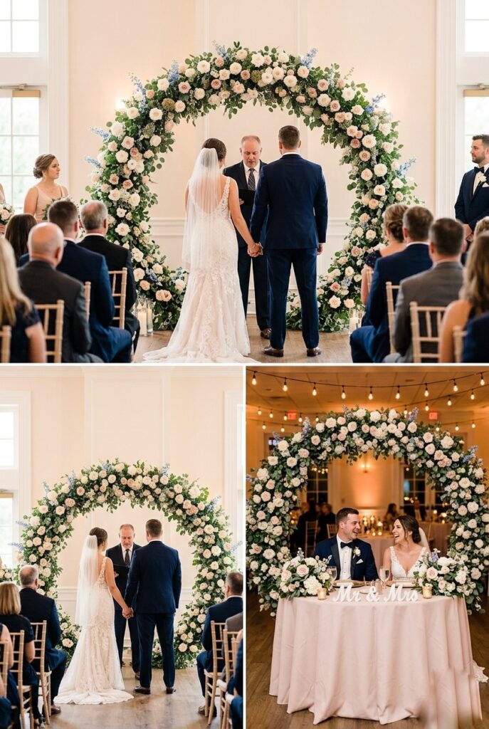 IMAGE 9 HERE Alt text: Circular arch backdrop positioned at ceremony altar, showing how it could be relocated to frame a sweetheart table in the reception space. Image prompt: Two sequential professional wedding photographs: (1) The circular arch positioned as the ceremony focal point at the altar, with the couple standing before it and ceremony guests seated in front. (2) The same circular arch repositioned behind a sweetheart table in the reception space, decorated with fresh linens and flower arrangements. The series shows how the same backdrop design works in both contexts. Warm ceremony and reception lighting respectively. Generate in vertical portrait orientation, 2:3 aspect ratio, optimized for mobile display.
