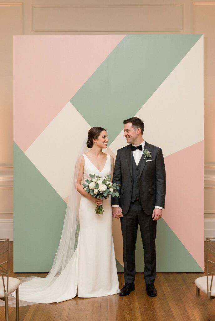 IMAGE 10 HERE Alt text: Bold geometric color-blocked backdrop in blush, sage, and cream tones, with couple in ivory and dark suit creating clear visual contrast. Image prompt: A professional wedding photograph of a modern, color-blocked geometric backdrop featuring sections of blush pink, sage green, and cream arranged in angular shapes (approximately 10 feet wide and 8 feet tall). The couple poses before it: the bride in an ivory gown and the groom in a dark charcoal suit. The contrast between the couple's attire and the patterned backdrop creates visual clarity and interest. The backdrop's geometric shapes create depth and don't compete with the couple's presence. Photographed from approximately 18 feet away. Modern, artistic aesthetic. Warm venue lighting. Generate in vertical portrait orientation, 2:3 aspect ratio, optimized for mobile display.