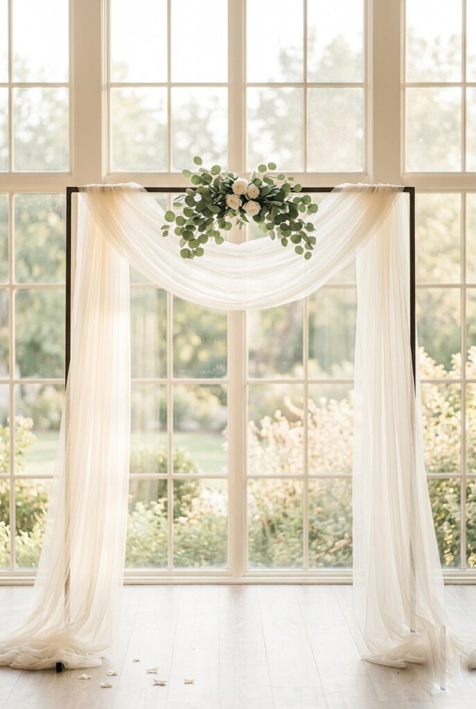 Portrait, 2:3 aspect ratio – Cascading ivory tulle and fabric draping on simple metal arch with small eucalyptus focal cluster at center, morning natural light through windows