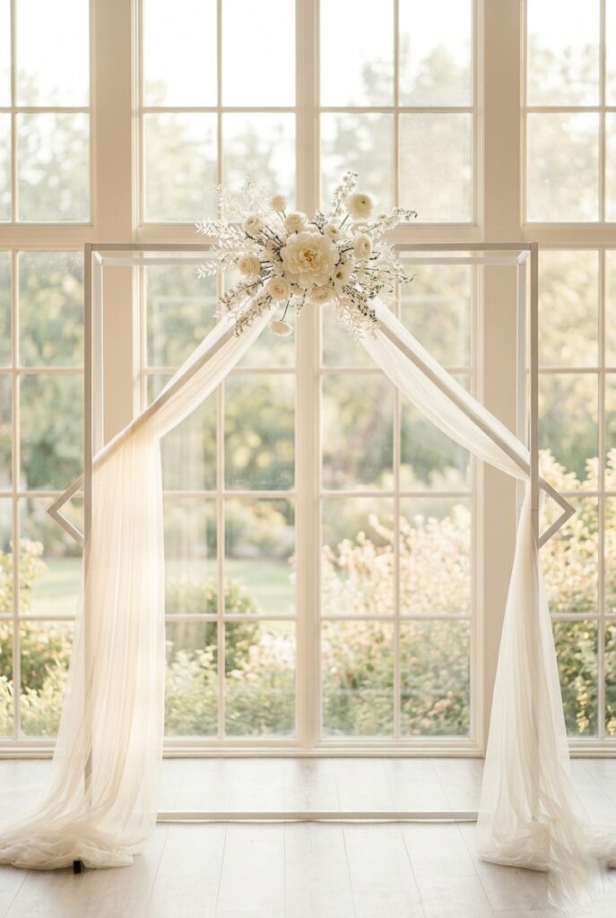 Portrait, 2:3 aspect ratio – Modern geometric white metal frame with sheer fabric draping, single white floral statement piece at center, soft natural window light