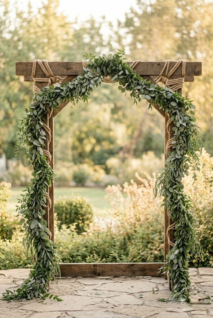 Portrait, 2:3 aspect ratio – Rustic wooden arch wrapped in natural jute rope with lush mixed green garland (eucalyptus, ruscus, smilax), no flowers, garden outdoor setting