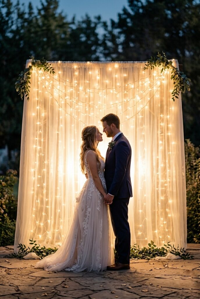 Portrait, 2:3 aspect ratio – Warm white fairy lights glowing behind sheer ivory fabric panel, creating ethereal backlit effect at dusk, couple framed in soft golden glow