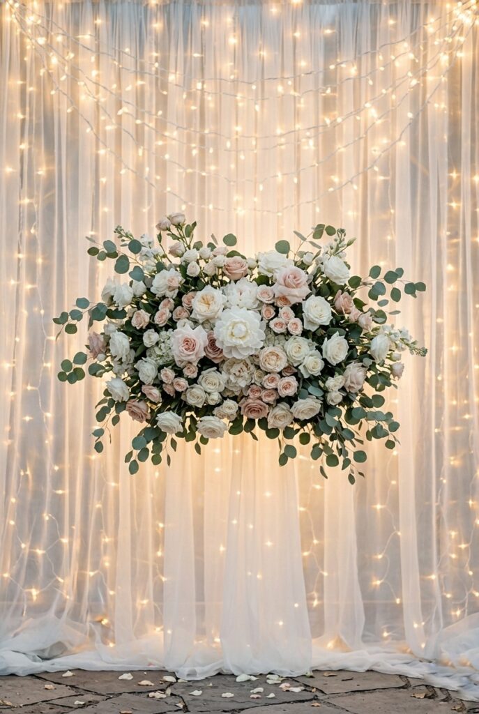 Portrait, 2:3 aspect ratio – Floral statement installation (dense cluster of white and blush roses, peonies, spray roses with eucalyptus) at center of simple white fabric backdrop, 2–3 feet focal area