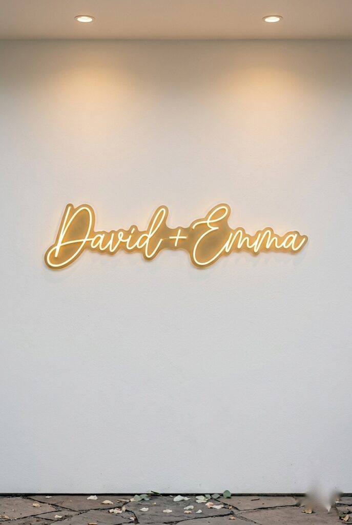 Portrait, 2:3 aspect ratio – Custom gold neon sign reading couple's names mounted on simple black or white wall, clean minimalist aesthetic, warm gallery lighting