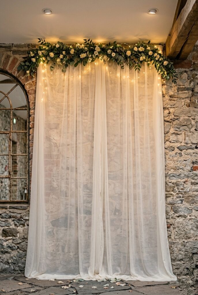 Portrait, 2:3 aspect ratio – Stone brick venue wall with ivory sheer fabric panel draped, single garland across top, warm string lights, architectural venue features visible