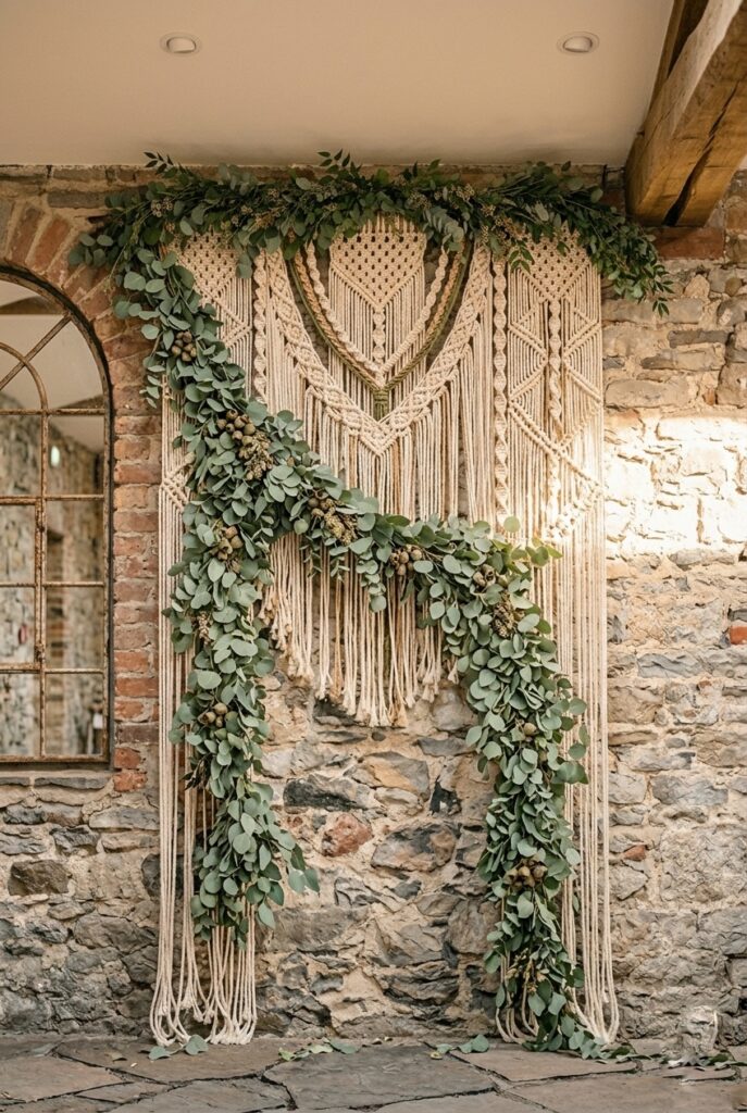 Portrait, 2:3 aspect ratio – Macramé wall hanging with cascading eucalyptus garland, bohemian aesthetic, warm natural light, neutral earth tones