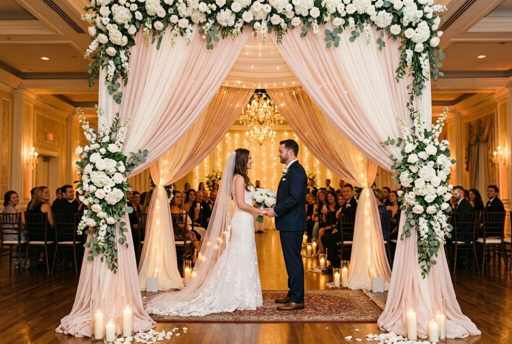 HERO IMAGE / FEATURED IMAGE Alt text: Elegant wedding ceremony backdrop featuring cascading blush fabric with white florals and warm golden lighting Image prompt: A stunning wedding ceremony backdrop in an elegant ballroom setting. The backdrop features layers of flowing blush and cream fabric draped from ceiling to floor, adorned with cascading white florals including roses and eucalyptus garland. Warm golden candlelight and string lights create an intimate glow. In the foreground, a bride and groom stand beneath the arch. Photograph shot from the altar perspective looking out toward guests. Use warm romantic candlelit atmosphere with soft focus on the backdrop. Generate in horizontal landscape orientation, 3:2 aspect ratio, optimized for desktop display.