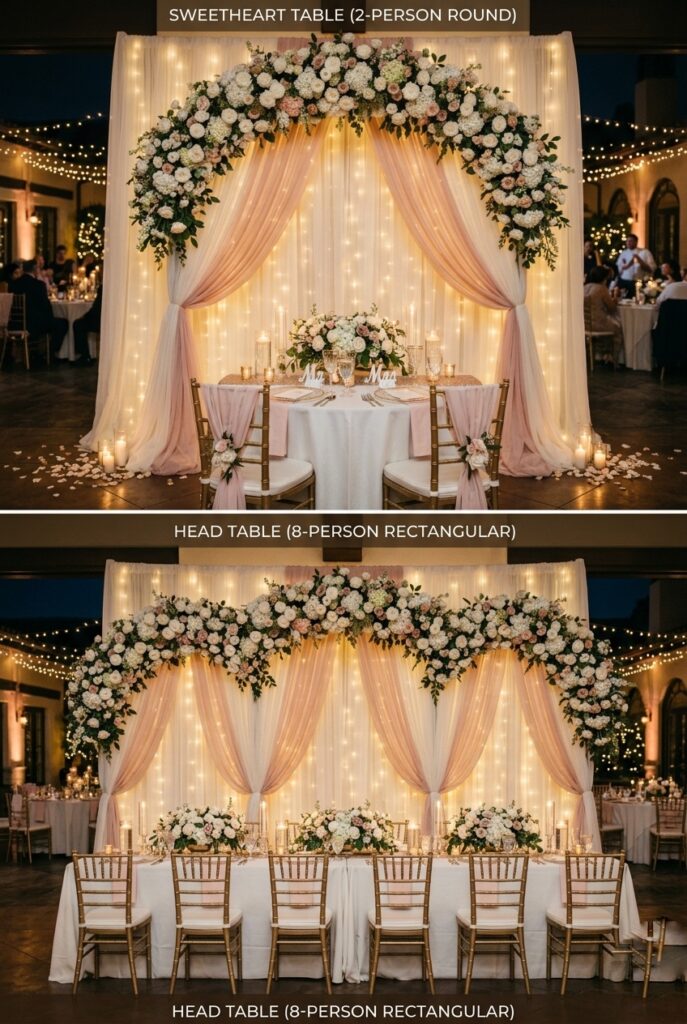 Portrait, 2:3 aspect ratio – Side-by-side comparison of sweetheart table (intimate 2-person round table) vs. head table (long rectangular table with 6+ people), showing different backdrop scale requirements