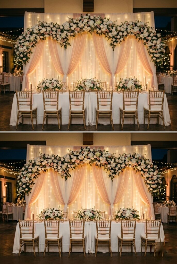 Professional drapery installation behind head table showing proper spacing (12-18 inches from wall), crystal curtains hanging with clean pleats, uplighting beneath