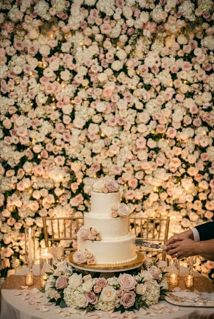 Portrait, 2:3 aspect ratio – Cake table setup with fresh flowers arranged behind, close-up detail showing florals and backdrop working together during cake cutting