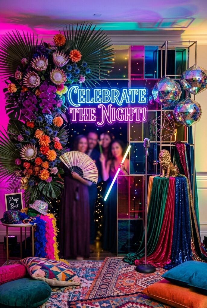 Portrait, 2:3 aspect ratio – Bold, colorful photo booth backdrop (separate from head table) with interesting focal points, neon signage, designed for statement photos